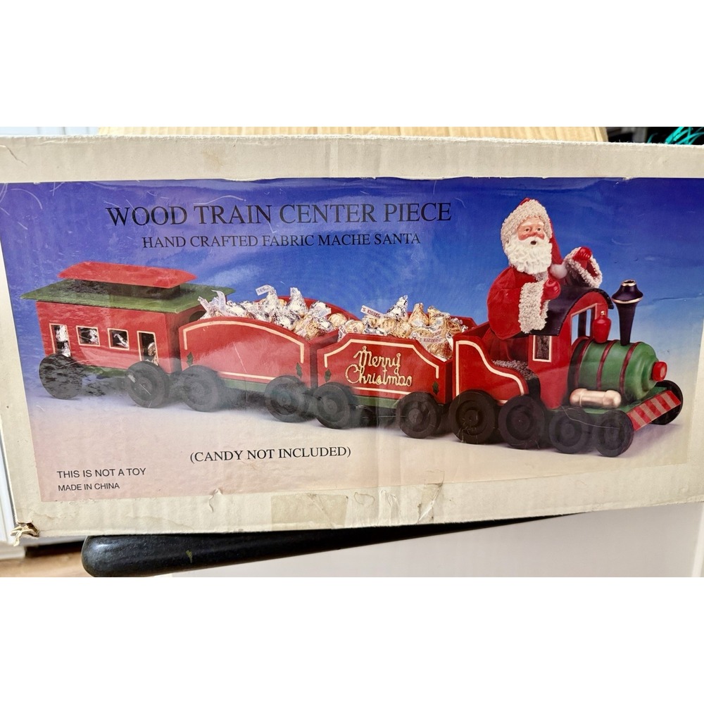 Vintage Wood Train Centerpiece Fabric Mache Santa 3 Piece Christmas Decor Boxed